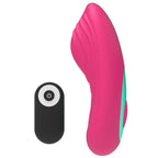 Vibromasseur Panty Vibe rose vu de profil debout, liseré turquoise sur le côté, télécommande noire posée à côté