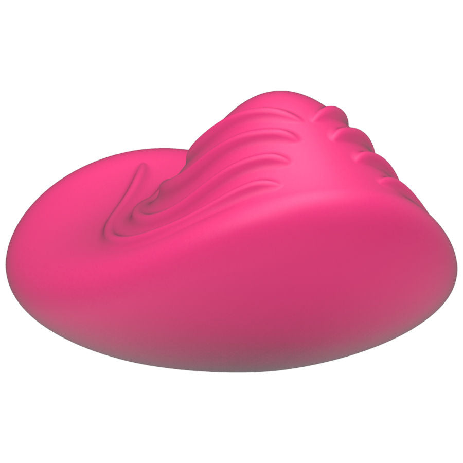 Vibromasseur Panty Vibe rose vu de trois quarts en plongée, dessus nervuré et base lisse