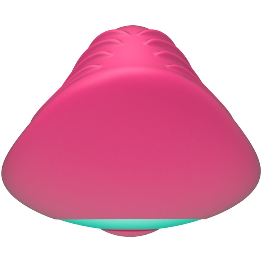 Vibromasseur Panty Vibe rose vu de dessous, base plate turquoise destinée à se glisser dans la lingerie