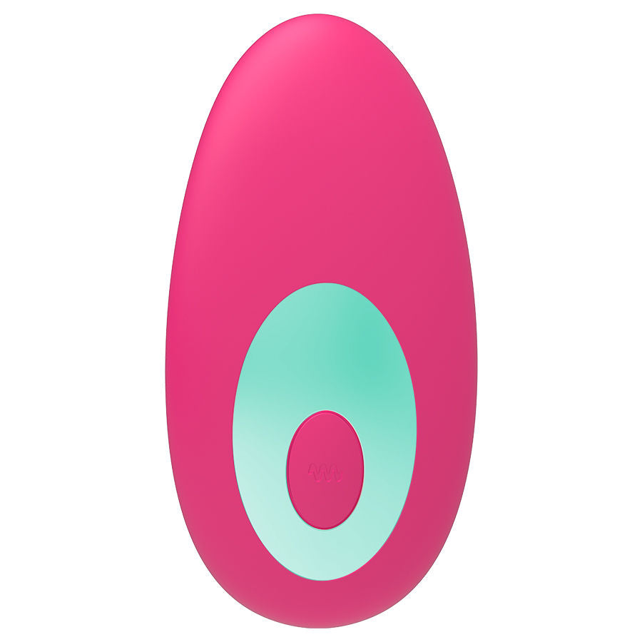 Vibromasseur Panty Vibe rose vu de face en gros plan, isolé, panneau tactile turquoise avec bouton central