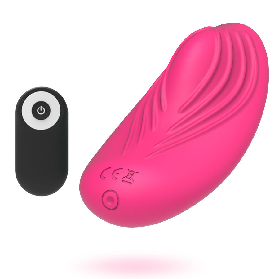 Vibromasseur Panty Vibe rose en forme de feuille nervurée, présenté à côté de sa télécommande noire, vue de trois quarts