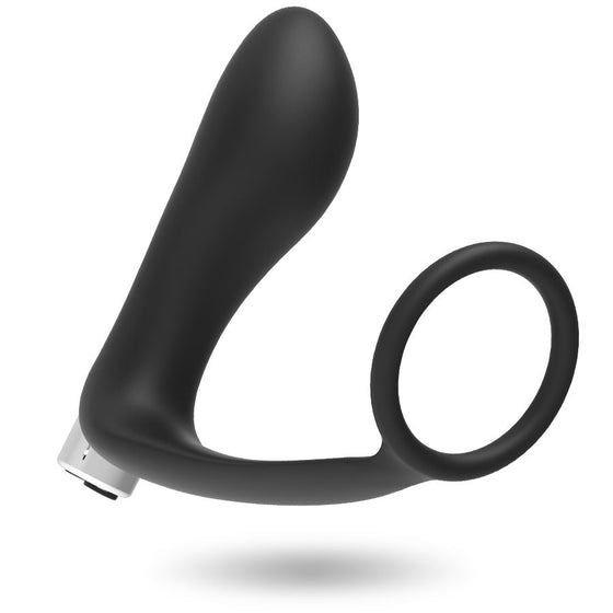 Stimulateur de prostate vibrant Addicted en silicone noir avec anneau penien integre, embout incurve lisse, base argentee rechargeable pour le plaisir masculin.