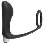 Stimulateur de prostate vibrant Addicted en silicone noir de profil, tige incurvee et large anneau penien, base rechargeable au toucher soyeux.