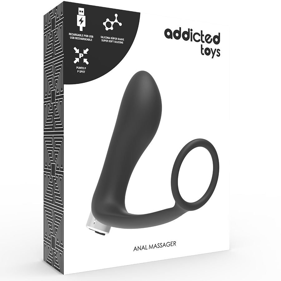 Boite Addicted Toys anal massager du stimulateur prostatique a anneau, modele en silicone noir vibrant et rechargeable presente sur l'emballage.