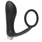 Stimulateur prostatique vibrant Addicted en silicone noir vu de trois quarts, embout courbe pour le point P et anneau penien souple, base argentee rechargeable.