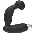 Masseur de prostate Addicted en silicone noir, longue tige incurvee et manche a picots vibrant, base argentee rechargeable pour la stimulation du point P.