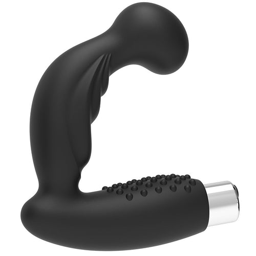 Masseur de prostate Addicted en silicone noir, longue tige incurvee et manche a picots vibrant, base argentee rechargeable pour la stimulation du point P.