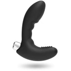 Stimulateur de prostate Addicted en silicone noir vu de trois quarts, tete bulbeuse ondulee et appui perineal, base argentee rechargeable pour le point P.