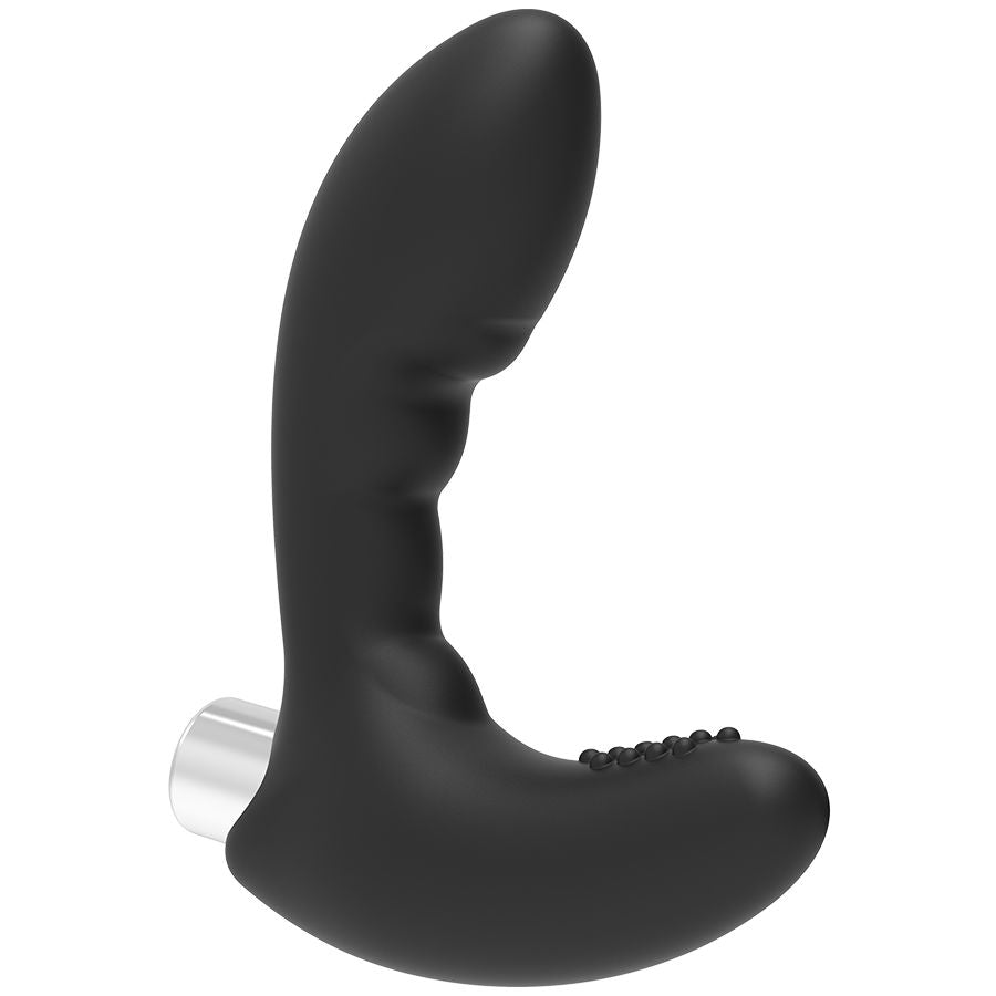 Masseur prostatique Addicted en silicone noir de face, corps ondule incurve et base argentee rechargeable, accessoire vibrant ergonomique pour le point P.