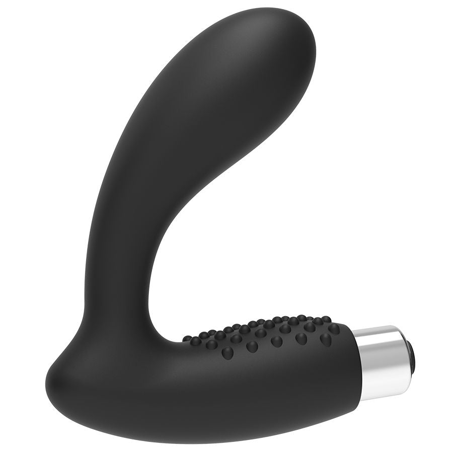 Masseur de prostate Addicted en silicone noir, tige incurvee lisse et manche a picots vibrant, base argentee rechargeable pour la stimulation du point P.