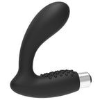 Masseur de prostate Addicted en silicone noir, tige incurvee lisse et manche a picots vibrant, base argentee rechargeable pour la stimulation du point P.