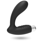 Masseur prostatique Addicted en silicone noir de profil, corps incurve pour le point P et poignee a picots, base argentee rechargeable au toucher doux.