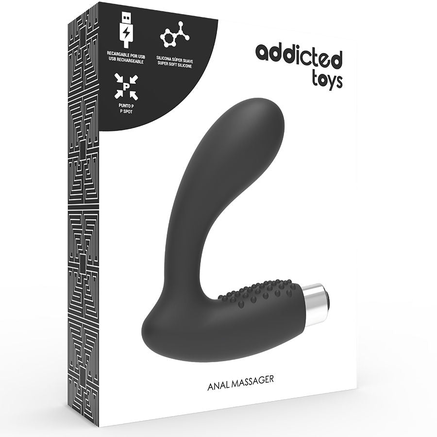 Boite Addicted Toys anal massager du masseur prostatique en silicone noir, modele a tige incurvee et picots vibrant rechargeable, emballage epure.