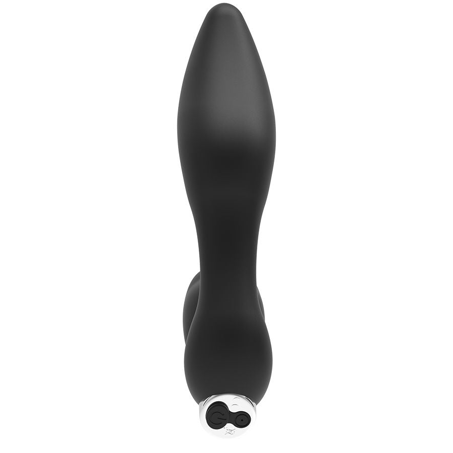 Plug vibrant Addicted en silicone noir lisse de profil, tete arrondie effilee et base argentee a deux boutons, accessoire anal rechargeable etanche.