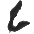 Vibrateur prostatique Addicted modele 6 en silicone noir vu de trois quarts, double bras incurve prostate et perinee, base argentee rechargeable etanche.