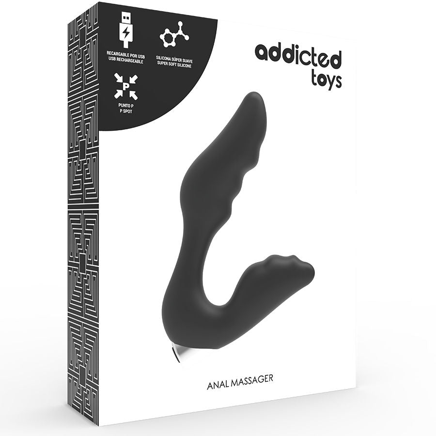 Boite Addicted Toys anal massager du vibrateur prostatique modele 6 en silicone noir a double bras cambre, accessoire rechargeable etanche dix modes.