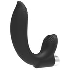 Vibrateur prostatique Addicted modele 7 en silicone noir, corps cambre pour le point P et bras perineal texture, base argentee rechargeable etanche.