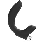 Vibrateur prostatique Addicted en silicone noir de profil, corps incurve point P et bras perineal texture, base argentee rechargeable etanche dix modes.