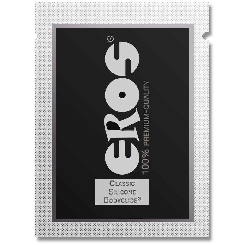 Dosette de lubrifiant Eros Classic Silicone Bodyglide 1,5 ml, sachet argente individuel, base silicone glisse soyeuse et durable au format echantillon de voyage.
