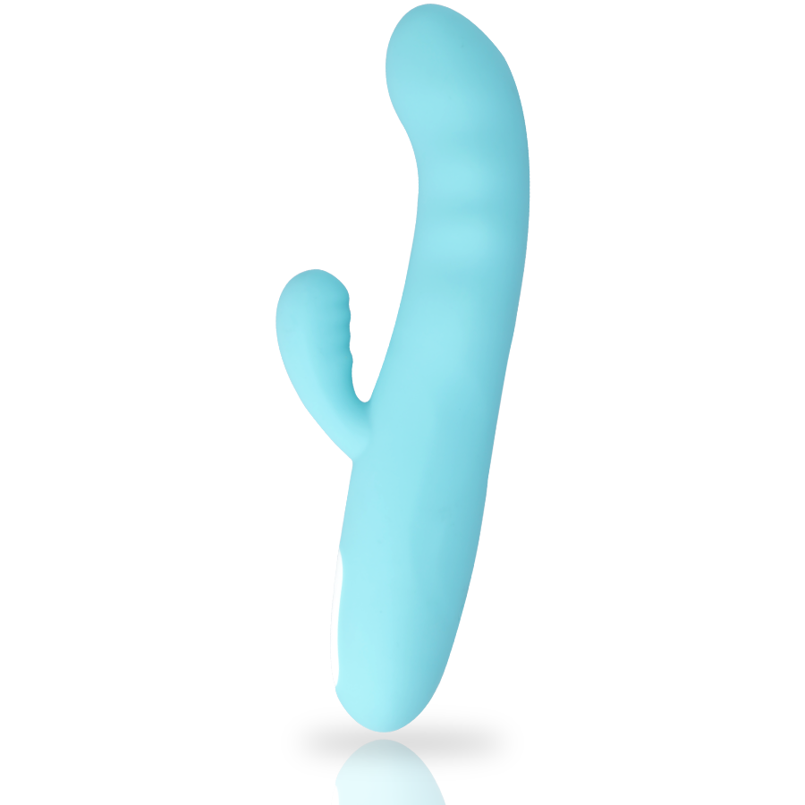 Vibrateur lapin Eiffel en silicone medical turquoise vu de face, montrant la tige courbee point G et l'oreille clitoridienne, format compact de 20,7 cm rechargeable USB.