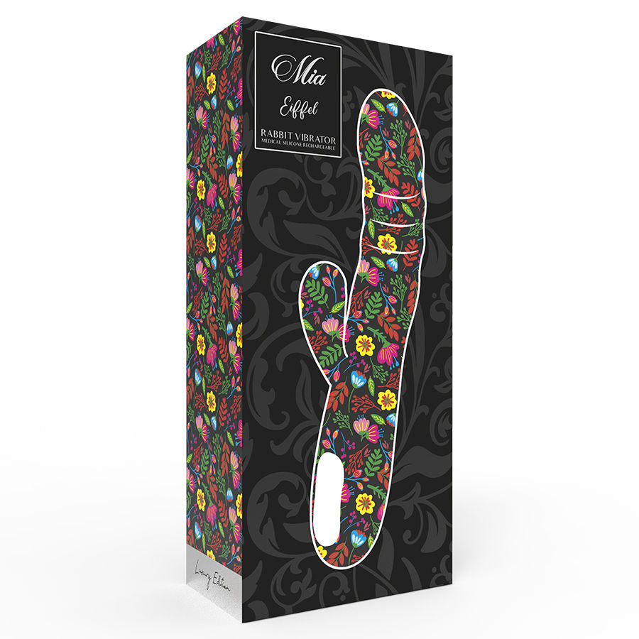 Boite noire du vibrateur lapin Eiffel Mia, illustrant le rabbit silicone aux motifs floraux multicolores, gamme rabbit vibrator en silicone medical compact et rechargeable.