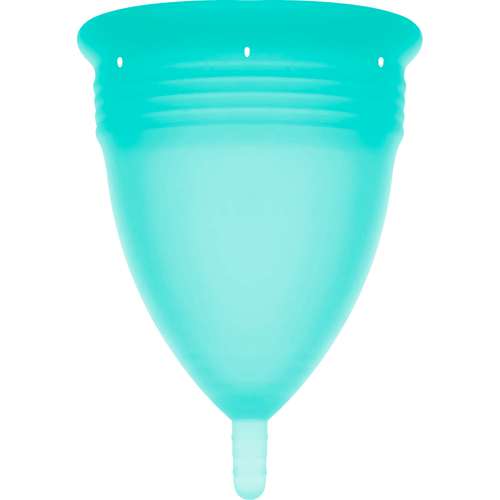 Coupe menstruelle Stercup en silicone turquoise vue de trois quarts avec sa tige de prehension, protection intime reutilisable jusqu'a douze heures.