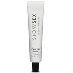 Tube blanc Oral Sex Balm Slow Sex Bijoux Indiscrets a bouchon noir, photographie isolee sur fond blanc, baume pour le sexe oral 10 ml