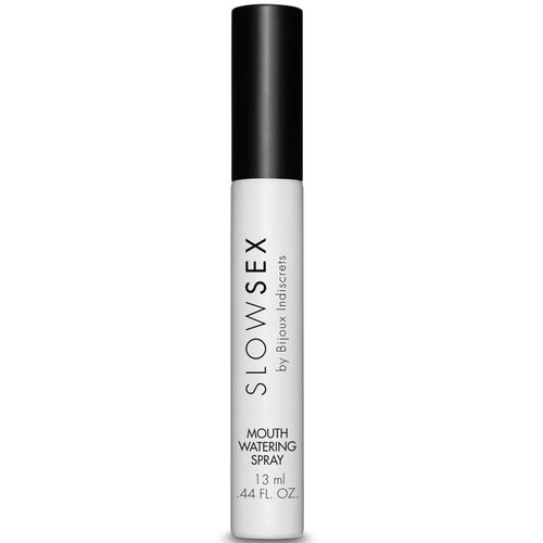 Flacon spray blanc Mouthwatering Spray Slow Sex Bijoux Indiscrets a bouchon noir, photographie isolee sur fond blanc, spray hydratant intime 13 ml