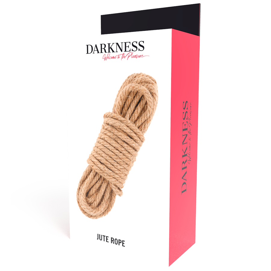 Corde de bondage en jute Darkness presentee devant sa boite Jute Rope rose et noire. Fibre naturelle pour le shibari, l'immobilisation et la mise en valeur du corps.