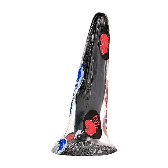 Plug anal d'initiation conique de 11 cm en PVC sous emballage a pastilles colorees, forme fuselee lisse visible, conditionnement scelle de la marque.