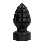 Plug anal en forme de grenade de 14 cm en PVC vu de face, surface quadrillee type grenade et base ronde, modele genereux a utiliser avec un bon lubrifiant.