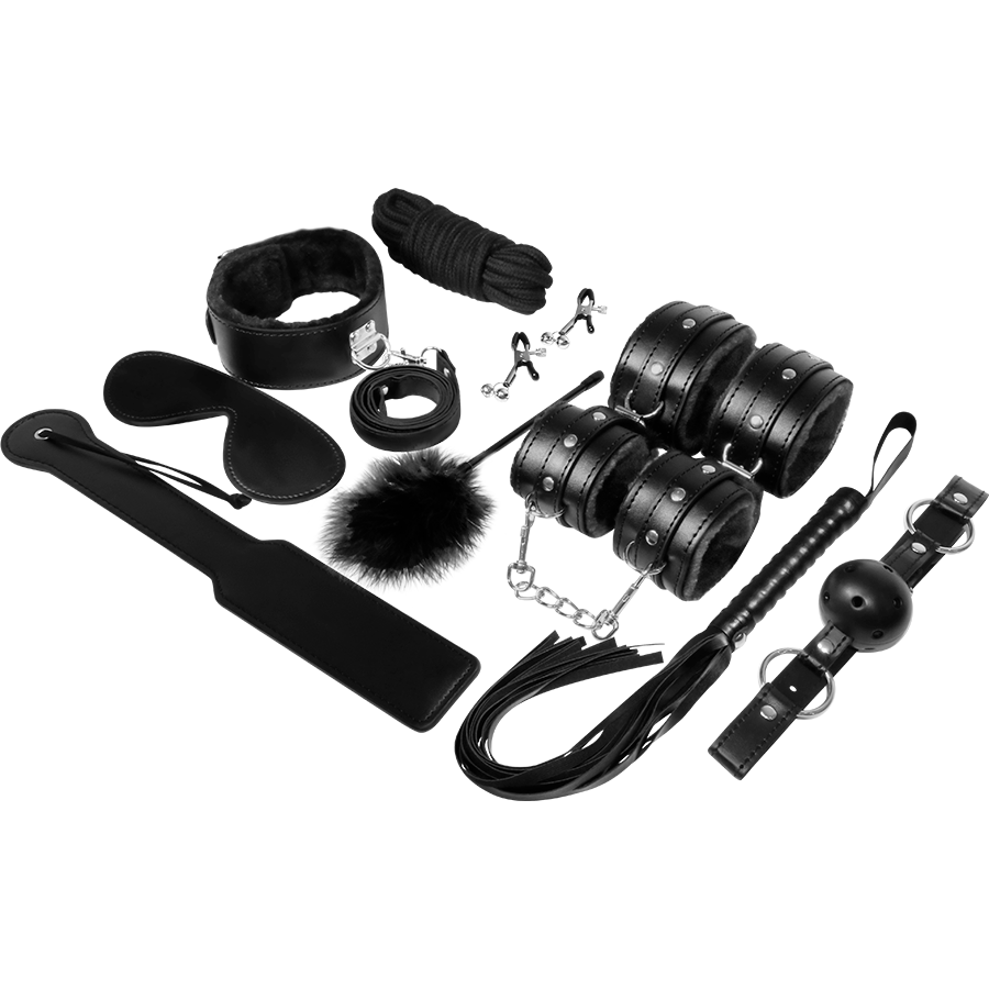 Coffret BDSM cuir synthétique 11 pièces noir — vue de profil