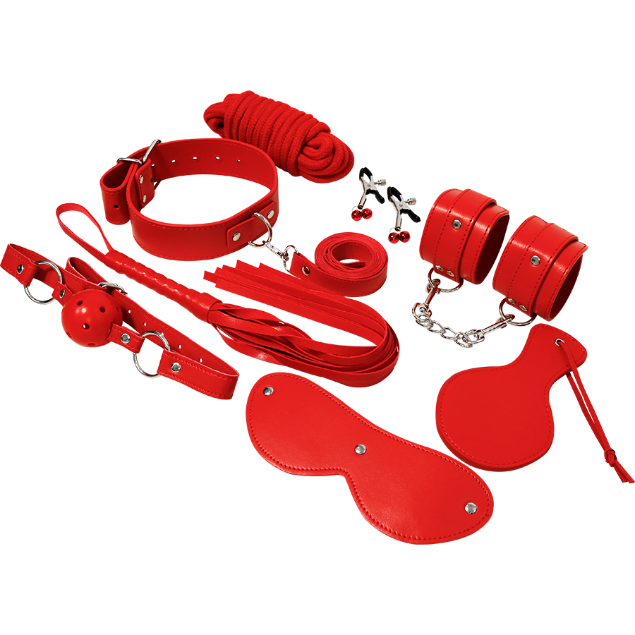 Coffret bondage fétiche rouge en simili cuir — vue de profil