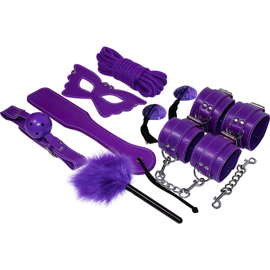 Kit BDSM complet cuir synthétique violet 8 pièces — vue de profil
