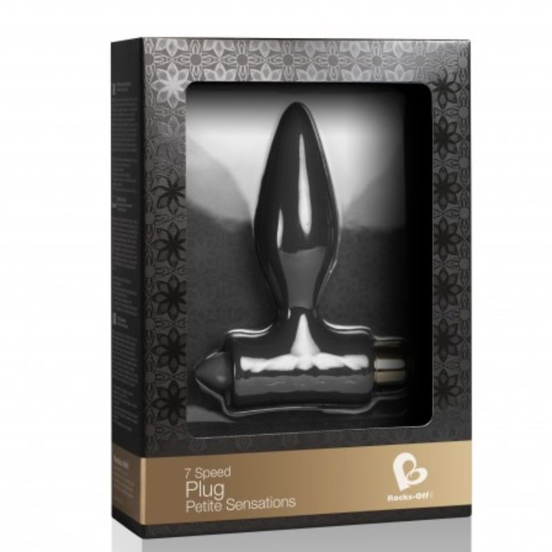 Boîte Plug Petite Sensations de Rocks-Off noire et or, fenêtre montrant le plug anal noir à base en T et capsule argentée, mention 7 speed, sans corps.