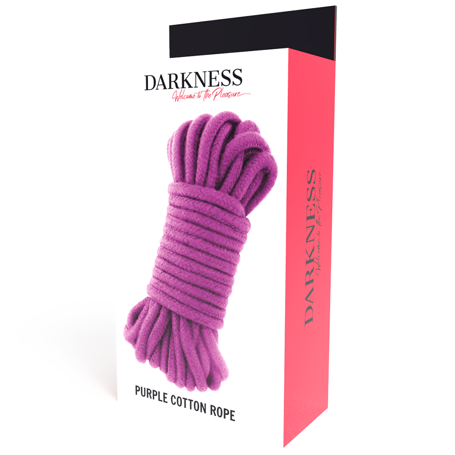 Corde shibari Darkness en coton violet enroulee, presentee devant sa boite : 5 a 10 metres souples pour le bondage japonais, noeuds faciles et toucher doux sur la peau.