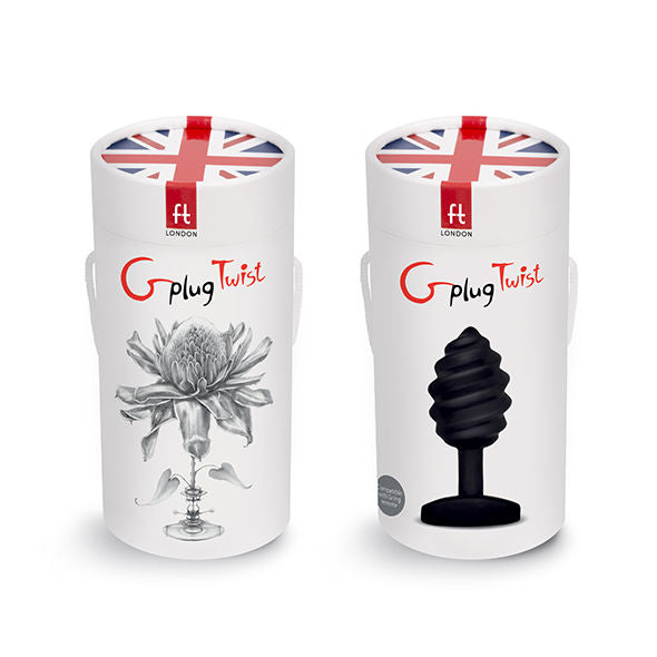 Duo de boites tubulaires G-plug Twist : packaging blanc du plug anal torsade en silicone medical, l'un illustre d'une fleur, l'autre montrant le plug noir nervure.