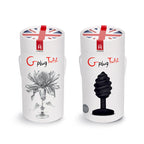 Duo de boites tubulaires G-plug Twist : packaging blanc du plug anal torsade en silicone medical, l'un illustre d'une fleur, l'autre montrant le plug noir nervure.