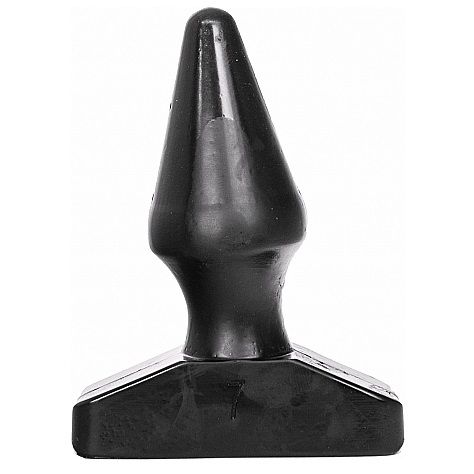 Plug anal All Black silicone vu de trois quarts, cone lisse a pointe marquee et socle plat evase, gabarit accessible de 12 cm pense pour debuter la penetration anale en douceur.