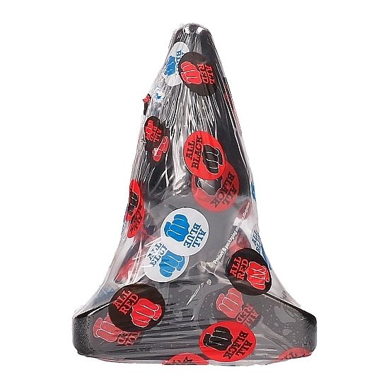 Plug anal conique All Black sous film plastique a pastilles, silhouette du cone et de la base trapeze visible, silicone noir 12 cm pour un etirement anal progressif maitrise.