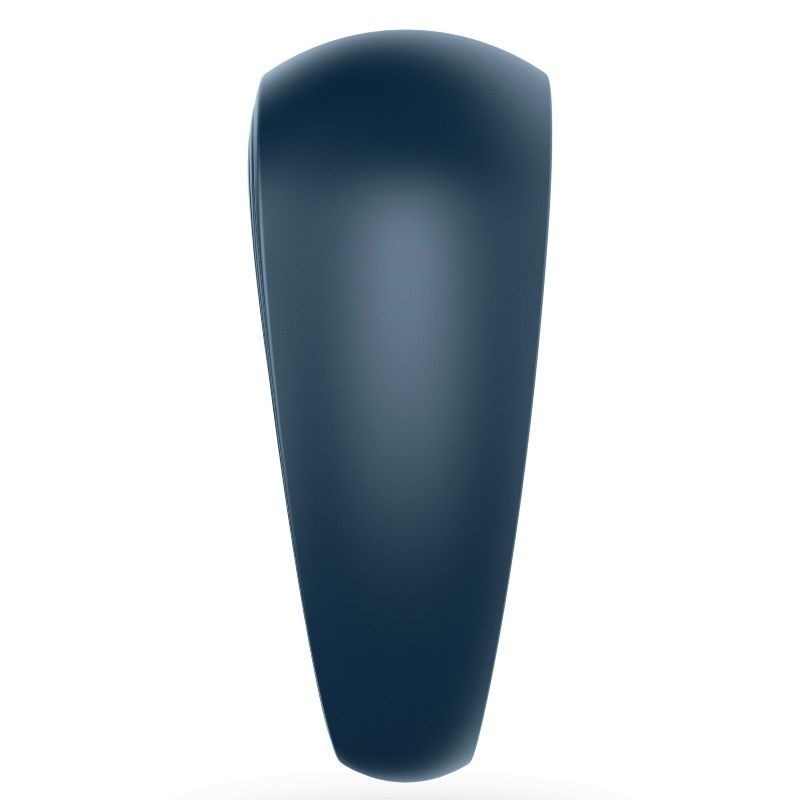 Cockring vibrant Satisfyer bleu petrole vu de cote, coque lisse nervuree en silicone, anneau pour couple diffusant des vibrations partagees.