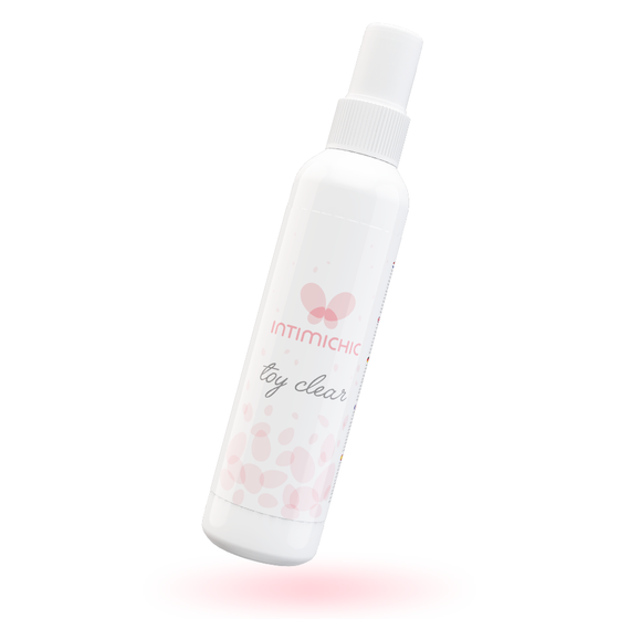 Flacon de spray nettoyant Toy Clear Intimichic 150 ml en pompe, formule desinfectante pour l'entretien hygienique des jouets intimes en silicone, latex et gelatine.