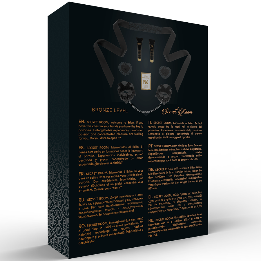 Boite du coffret Secret Room Bronze Level vue de profil, dos multilingue presentant le contenu du kit d'initiation coquine pour couple debutant