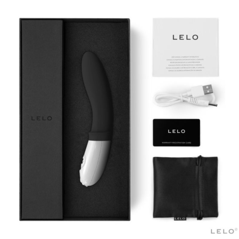 Coffret du Billy 2 Lelo ouvert avec le vibromasseur prostatique en silicone, cable USB, pochette et notice, set complet d'un stimulateur anal rechargeable a 8 modes