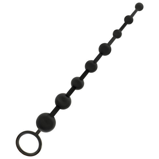 Chapelet anal Addicted en silicone noir a huit billes progressives et anneau de retrait, longue chaine souple de 29 cm pour la stimulation anale.