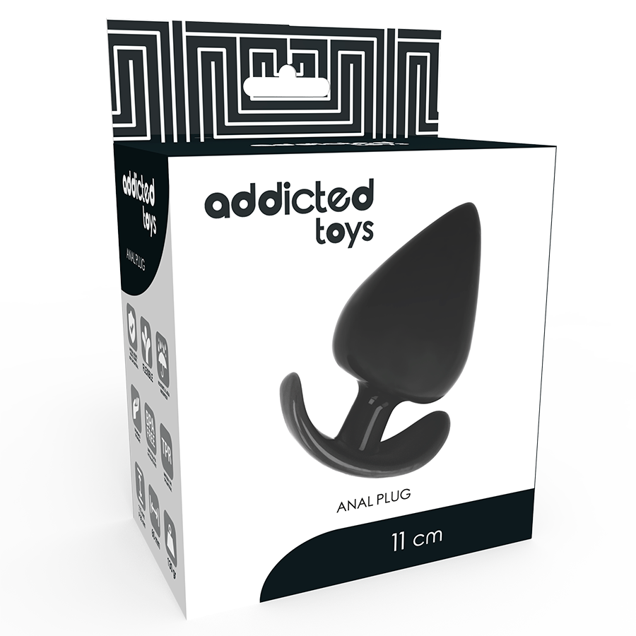 Boite blanche Addicted du plug anal de 11 cm illustree de la silhouette du plug silicone noir, mention Anal Plug et motif labyrinthe en facade.