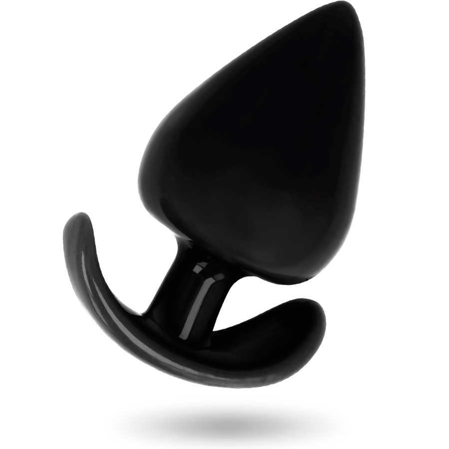 Plug anal Addicted en silicone noir vu de trois quarts, corps imposant en goutte lisse et tige a base courbee, modele volumineux pour pratiquant confirme.