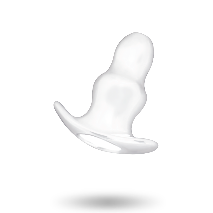 Plug anal creux Addicted en silicone translucide, petit format a tunnel central et base courbee, vue isolee du dilatateur progressif d'initiation.