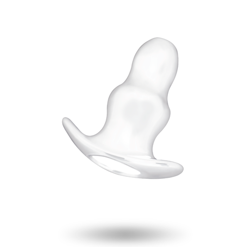 Plug anal creux Addicted en silicone translucide, petit format a tunnel central et base courbee, vue isolee du dilatateur progressif d'initiation.