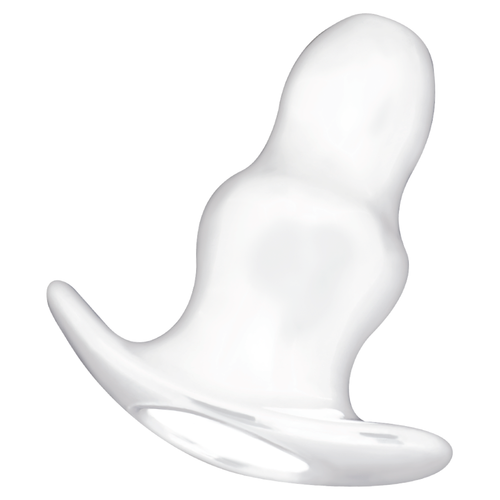 Plug anal creux Addicted en silicone translucide super soft en gros plan, corps annele a tunnel central et base incurvee, modele dilatateur progressif.